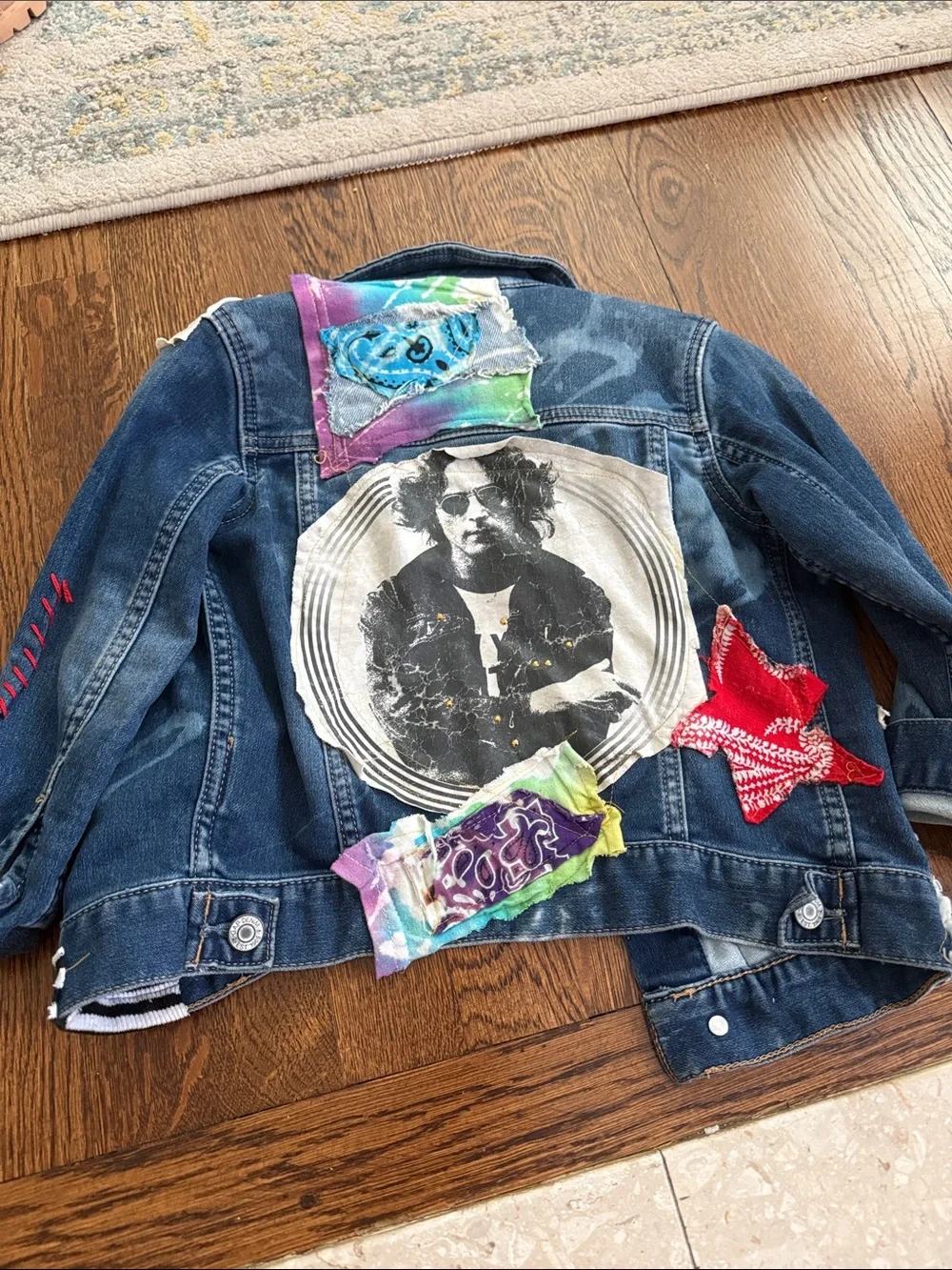 GAP Kids Blue Denim Jacket with Red & Black Star Patches-Beatles Theme
